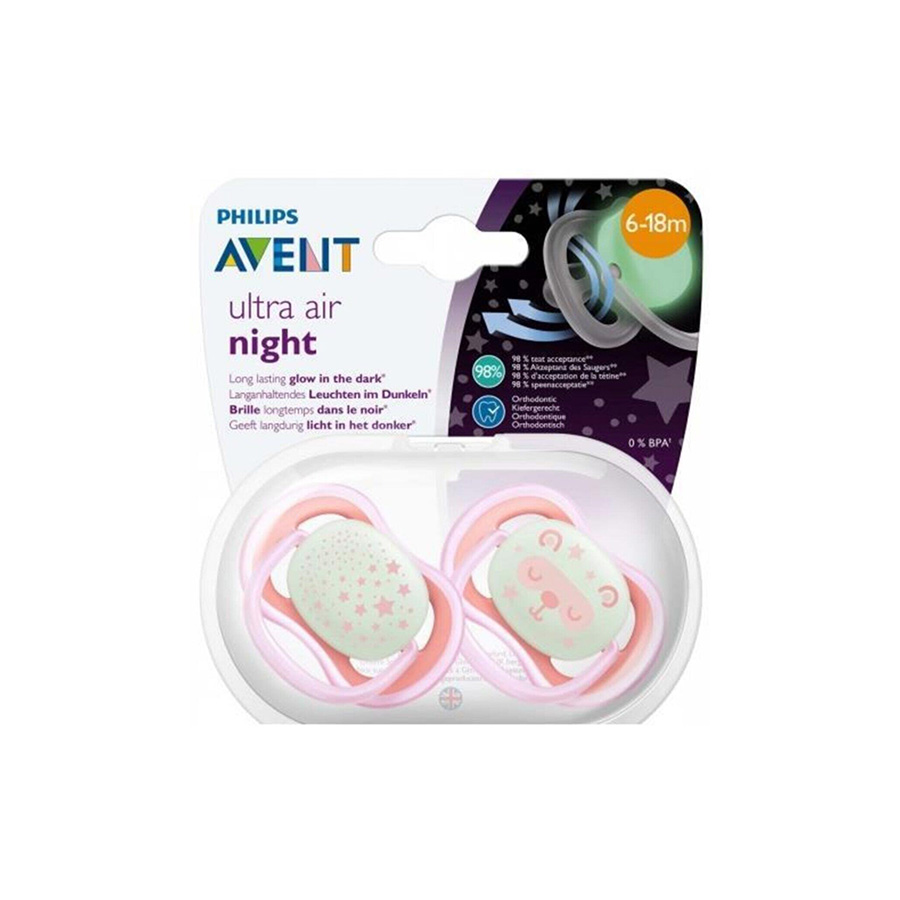sucettes-air-night-fille-6-18-mois-avent-3.jpg AVENT 2 SUCETTE ULTRA AIR NIGHT 6-18 DECORE SCF376/20 – Image 1